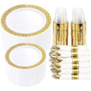 350 Pieces Gold Plastic Dinnerware,Disposable Gold Lace Plates